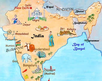 Illustrated Map of India with Cities