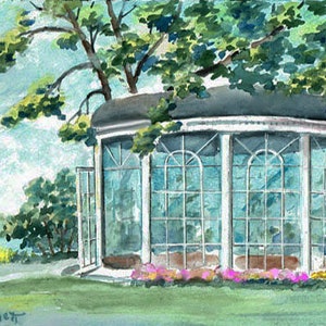 May include: A white gazebo with a glass roof and walls, surrounded by green trees and bushes. The gazebo is situated on a grassy lawn with a body of water in the background.