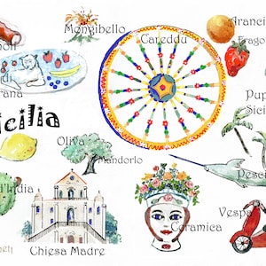 Symbolen van Sicilië en Italiaanse namen 8,5x11 inch print