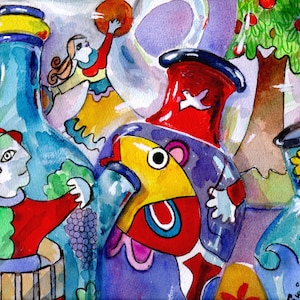 May include: A watercolor painting of colorful ceramic bottles with whimsical designs. One bottle features a person holding grapes, another has a fish design, and a third has a tree with apples. The bottles are arranged in a still life composition.