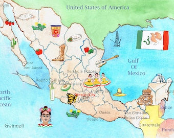 Ilustrated Map of Mexico - Etsy Hong Kong