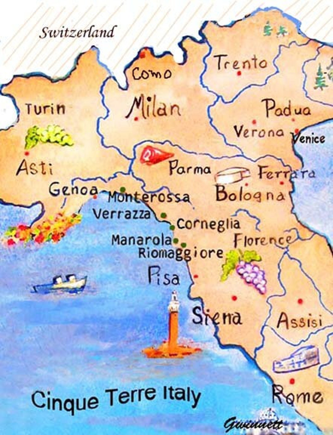 Cinque Terre Italy Map Etsy