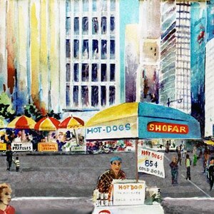 May include: Watercolor painting of a New York City street scene with hot dog stands and colorful umbrellas. The painting features the text "HOT-DOGS" and "SHOFAR" on a vendor's umbrella, and "RADIO CITY MUSIC HALL" on a building.