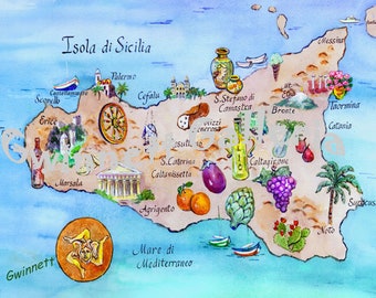 Sicily Map  mated to 11x14 in, FREE heritage chart