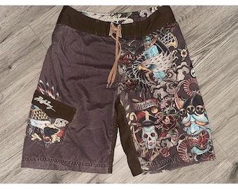 Vintage y2k Billabong Swim Board Shorts Badehose Tattoo Art Adler Skull Surf Gr. 34