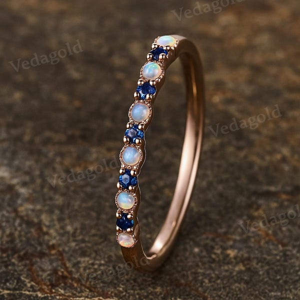 Opal-Saphir-Bandring, zierliche Roségold-Ringe, Oktober Geburtssteine Schmuck, minimalistischer Versprechensring, einzigartiges Geschenk für sie