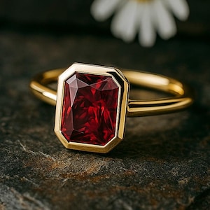 Emerald Cut Garnet Engagement Ring: Minimalist Sterling Silver, Rose Gold Option