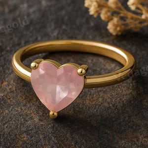Herz Rosenquarz Ring - Rosa Edelstein Goldring, Zarte Versprechen Ring, Valentinstag Geschenk, Romantischer Schmuck für Sie