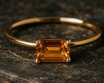 Citrine Solitaire Ring, Baguette Cut Yellow Gemstone Ring, Dainty Gold Stacking Ring, November Birthstone Jewelry, Gift for Her