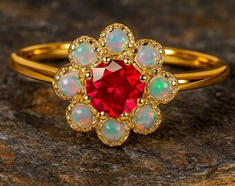 Rubin Opal Blütenring: Vintage Gold Vermeil Verlobungsring
