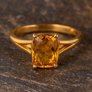 Citrine Gold Solitaire Ring, Cushion Cut Citrine Cocktail Ring, November Birthstone Gift for Her, Simple Minimalist Stacking Ring, 14k Gold