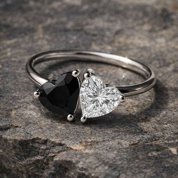 Heart Moissanite & Black Onyx Toi et Moi Ring, 925 Sterling Silver Two Stone Ring, Handmade Romantic Promise Ring, Minimalist Silver Jewelry