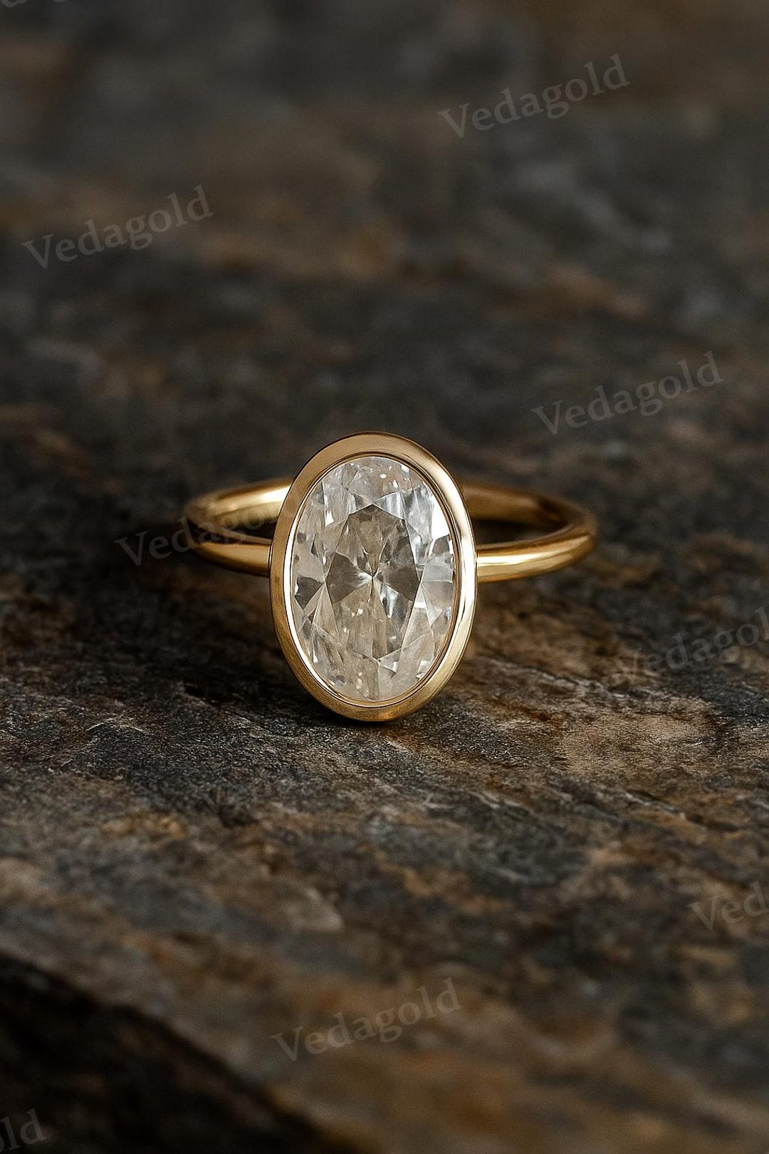 Oval Cut Moissanite Engagement Ring | 14K Gold Bezel Set Solitaire Ring ...