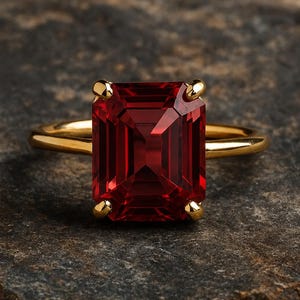 May include: A gold ring featuring a large, rectangular emerald-cut deep red gemstone held in place by four polished gold prongs. The band is smooth and circular, crafted from a reflective yellow gold metal that contrasts with the dark red stone.