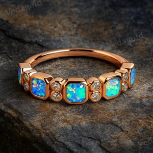 Anello in opale placcato oro rosa con zirconi cubici, fascia in opale di fuoco arcobaleno in stile vintage, regalo di anniversario per donna