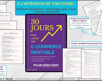 May include: A purple and black ebook cover with the title "30 JOURS POUR LANCER TON E-COMMERCE RENTABLE" and a yellow upward arrow. The image includes several pages of content and text in French, promoting an e-commerce guide for beginners.