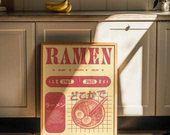 Ramen Japanese Digital Poster | Retro Food Illustration | Printable Kitchen Wall Art | Vintage Style Graphic