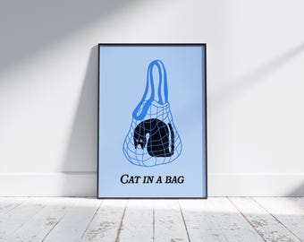 Cat in a Bag Poster | Minimalist Funny Cat Wall Art | Digital Download