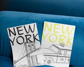 New York City Poster Set: Brooklyn Bridge & Yellow Taxi (Digital Download)
