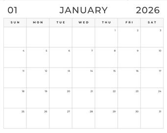 2026 Calendar Printable PDF | Minimalist Monthly Planner | 11" x 8.5" Landscape, Letter | Instant Download PDF