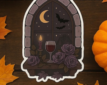 Gothic Vampire Window Sticker - Bats, Moon & Roses Vinyl Decal, Witchy Halloween Decor, Dark Academia Aesthetic