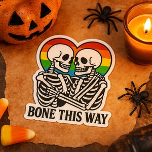 Bone This Way Sticker | LGBTQ Pride Skeleton Sticker | Cute Gay Halloween Sticker | Rainbow Heart Skeletons | Funny Queer Spooky Decal