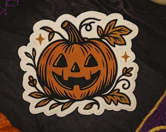Vintage Kürbis Aufkleber | Halloween Halloween Kürbis Folk Art Aufkleber | Cottagecore Herbst ästhetischer Aufkleber mit Weinrebe und Blatt Design
