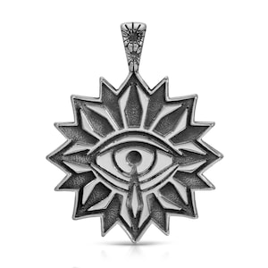 Eye Mandala Pendant Necklace – All Seeing Eye Jewelry, Tattoo Style Gothic Sunburst Pendant, Occult Symbol Unisex Statement Necklace
