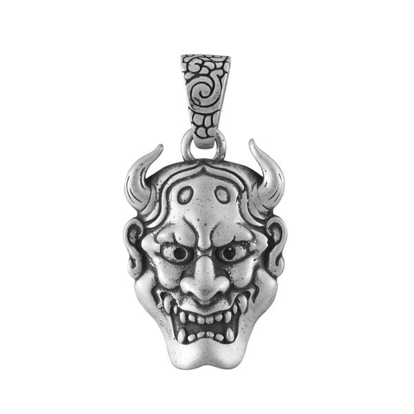 Collar con colgante de máscara Hannya – Joyería japonesa de plata de ley con diseño de demonio Oni, colgante estilo tatuaje samurái, collar gótico llamativo