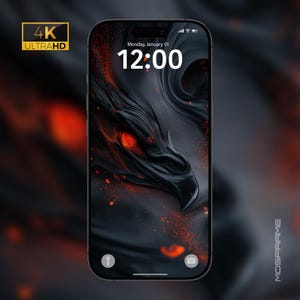 Dark Dragon iPhone Wallpaper, Fiery Gothic Fantasy Phone Background, 4K Ultra HD Mythical Creature Digital Download