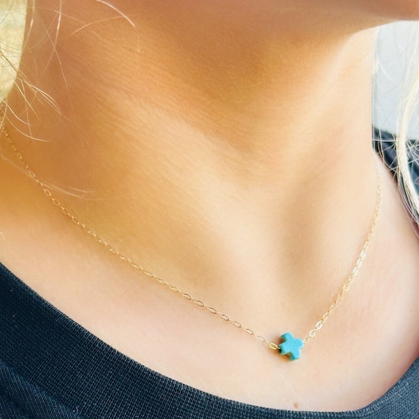 Dainty Cross Necklace, Tiny Floating Cross Necklace, Turquoise and Gold Filled Cross Necklace, Gift For Her, Christmas Gift Idea