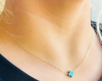 Dainty Cross Necklace, Tiny Floating Cross Necklace, Turquoise and Gold Filled Cross Necklace, Gift For Her, Christmas Gift Idea