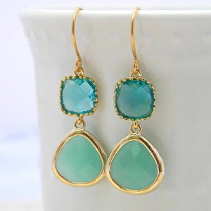 Aqua Earrings- Aqua and Sea Green Dangle Earrings Trimmed in Gold - Bridesmaid Earrings - Bridal Earrings - Wedding Jewelry