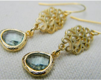 Green Amethyst and Gold Filigree Earrings, Dangle Earrings, Statement Earrings, Bridesmaid Gift, Wedding Jewelry, Perfect Gift Mom, Her