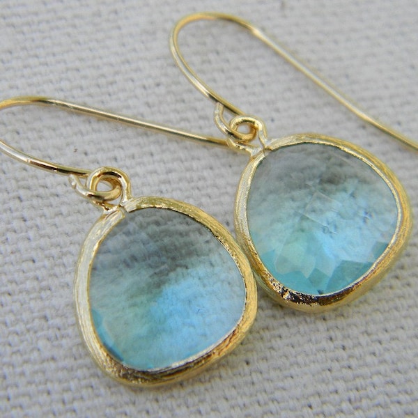 Aquamarine  Earrings Trimmed in Gold, Bridesmaid Gift, Dangle Earrings, Bridesmaid Earrings, Wedding Jewelry. March Birthstone Jewelry