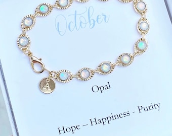 October personalized birthstone bracelet, opal initial bracelet, dainty layering initial bracelet, gold opal bracelet, October birthday gift