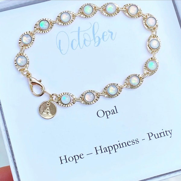 October personalized birthstone bracelet, opal initial bracelet, dainty layering initial bracelet, gold opal bracelet, October birthday gift