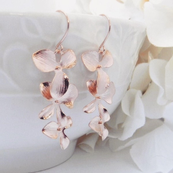 Rose Gold Earrings - Orchid Dangle Earrings - Rose Gold Jewelry - Bridesmaid Earrings - Wedding Jewelry - Gift For Her - Mothers day gift