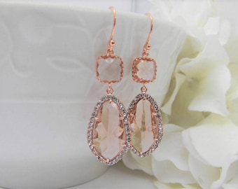 Large Rose Gold Champagne Earrings - Peach Bridesmaid Earrings - Champagne Bridesmaid Jewelry -Blush Wedding  Jewelry - Statement Earrings