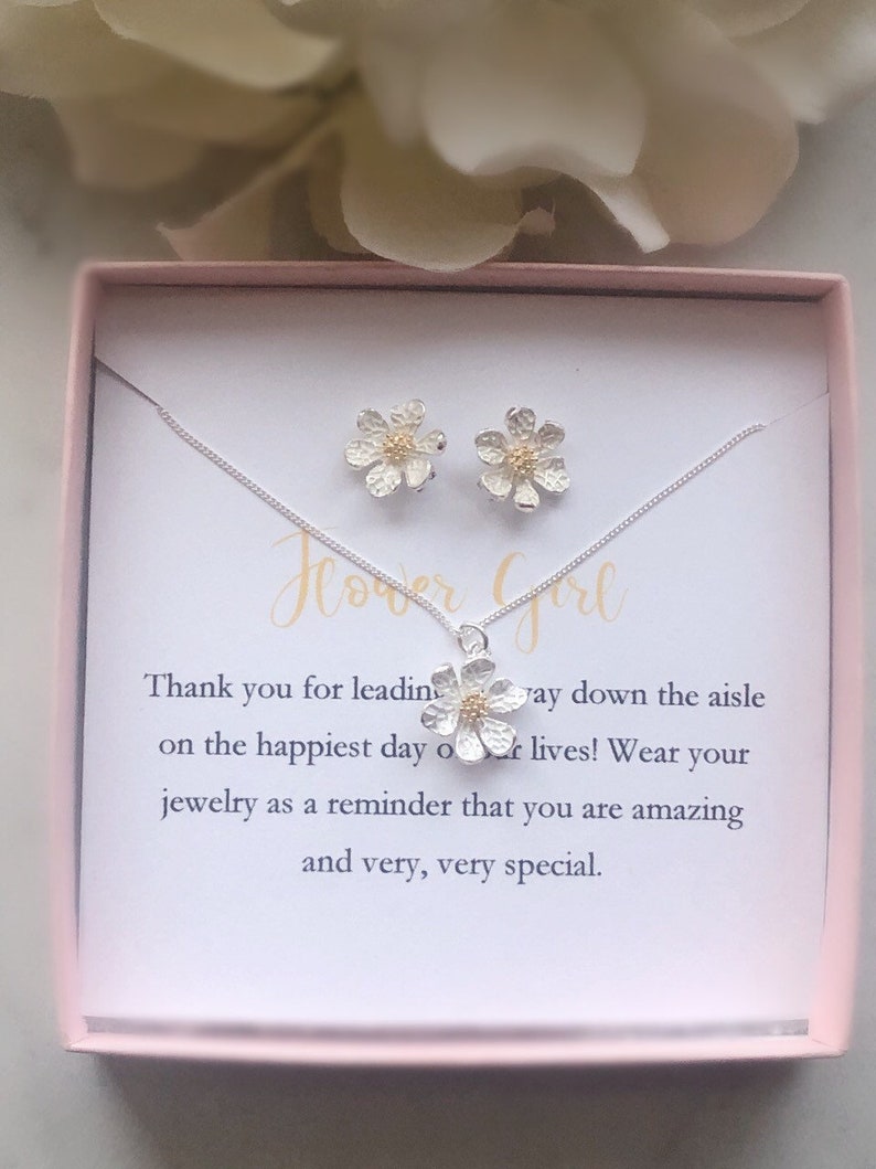 Flower girl necklace and earrings, flower girl set, personalized flower girl gift, flower girl proposal jewelry, little girl necklace image 5