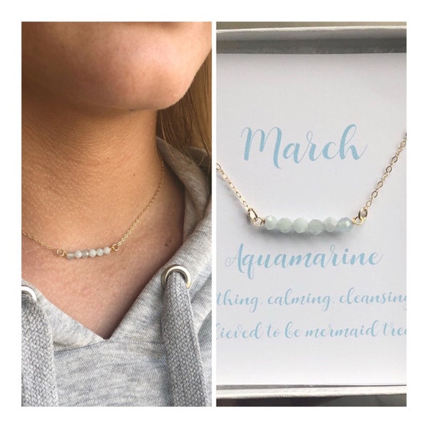 March birthstone necklace, Aquamarine birthstone necklace, Aquamarine gemstone bar necklace, dainty necklace, March birthday present