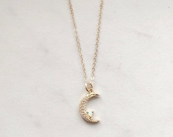 Gold crescent moon necklace , gold opal necklace, dainty crescent moon necklace, dainty opal necklace, layering necklace, gift for her