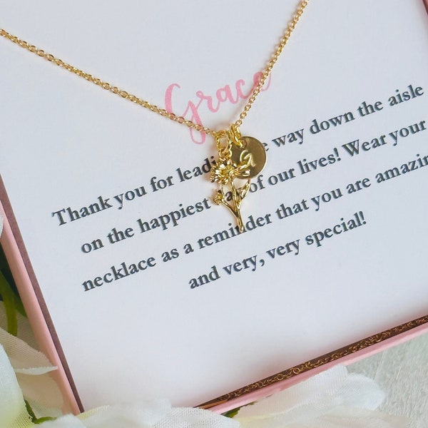 Personalized Flower Girl Necklace With Birth Month Flower and Initial, Flower Girl Necklace, Will You Be My Flower Girl Proposal Gift
