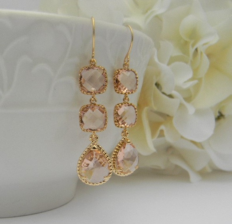 Peach Champagne Blush Wedding Earrings Champagne Bridesmaid Earrings Gold Earrings Bridesmaid Gift Peach Dangle Earrings Gift