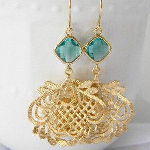 Statement Earrings - Large Gold Earrings - Sea Green Dangle Earrings - Drop Earrings - Bridesmaid Earrings - Gift got Her