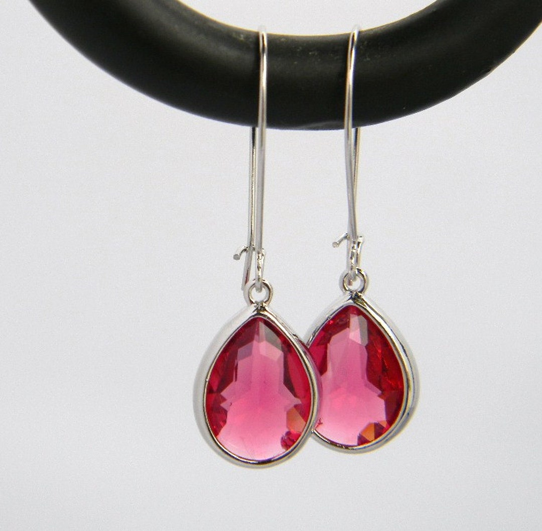 Fuchsia Dangle Earringshot Pink Dangle Earrings Silver Wrapped Glass