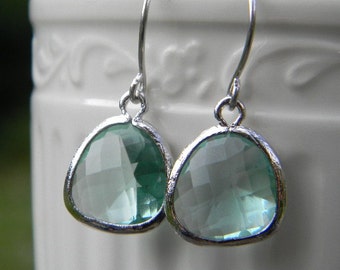 Light Green Amethyst Glass Earrings Framed in Silver, Bridesmaid Jewelry, Gift For Her