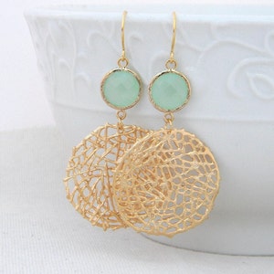 Gold Statement Earrings with Mint Green Jewels Large Gold Dangle Statement Earrings-Gold Mesh Circle Earrings Geometric Statement Earrings image 3