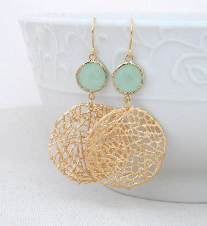 Gold Statement Earrings with Mint Green Jewels Large Gold Dangle Statement Earrings-Gold Mesh Circle Earrings Geometric Statement Earrings image 3