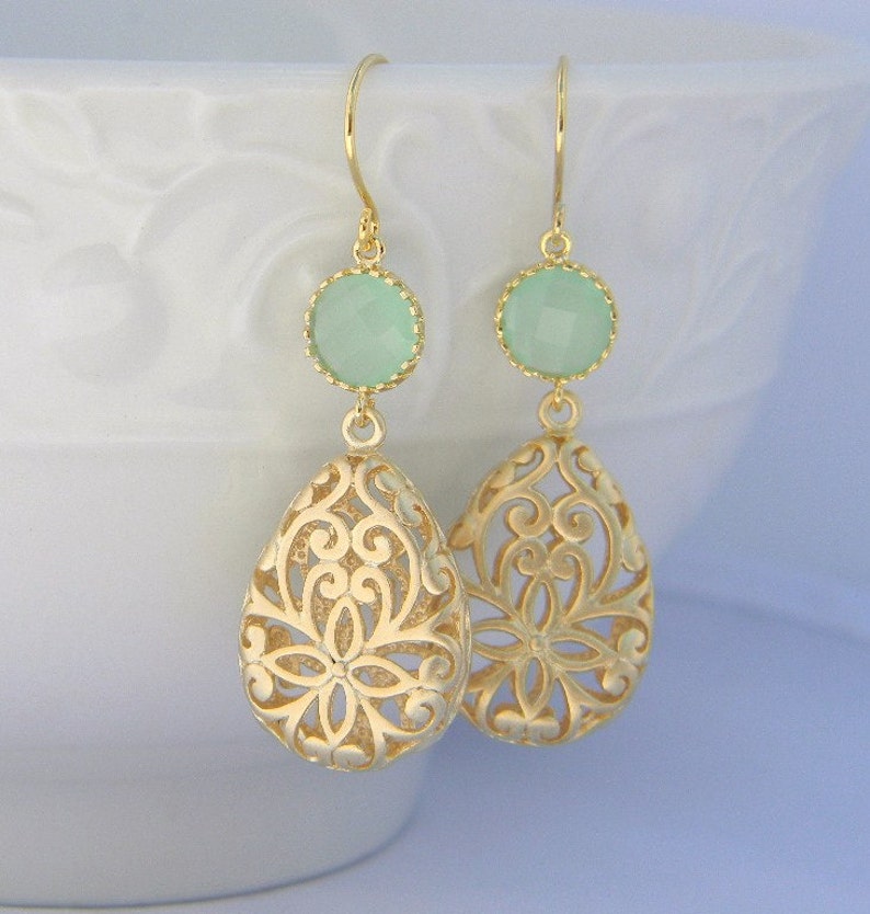 Gold and Mint Filigree Teardrop Earrings Gold Dangle Etsy